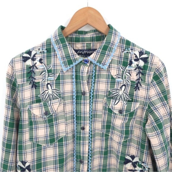 Driftwood "Lana" Pearl Snap Button Plaid Shirt Long Sleeve Embroidered Floral - Picture 4 of 16